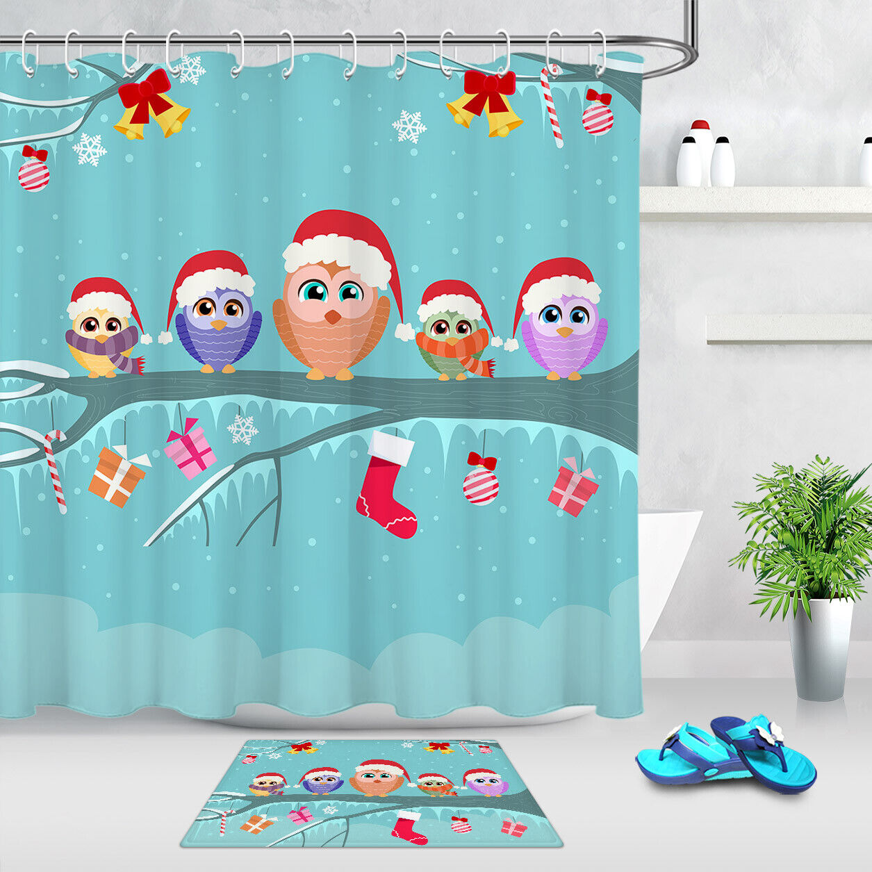 Christmas Owls, Socks, And Gift Boxes On A Tree Print Shower Curtain For Festive Bathroom Decor