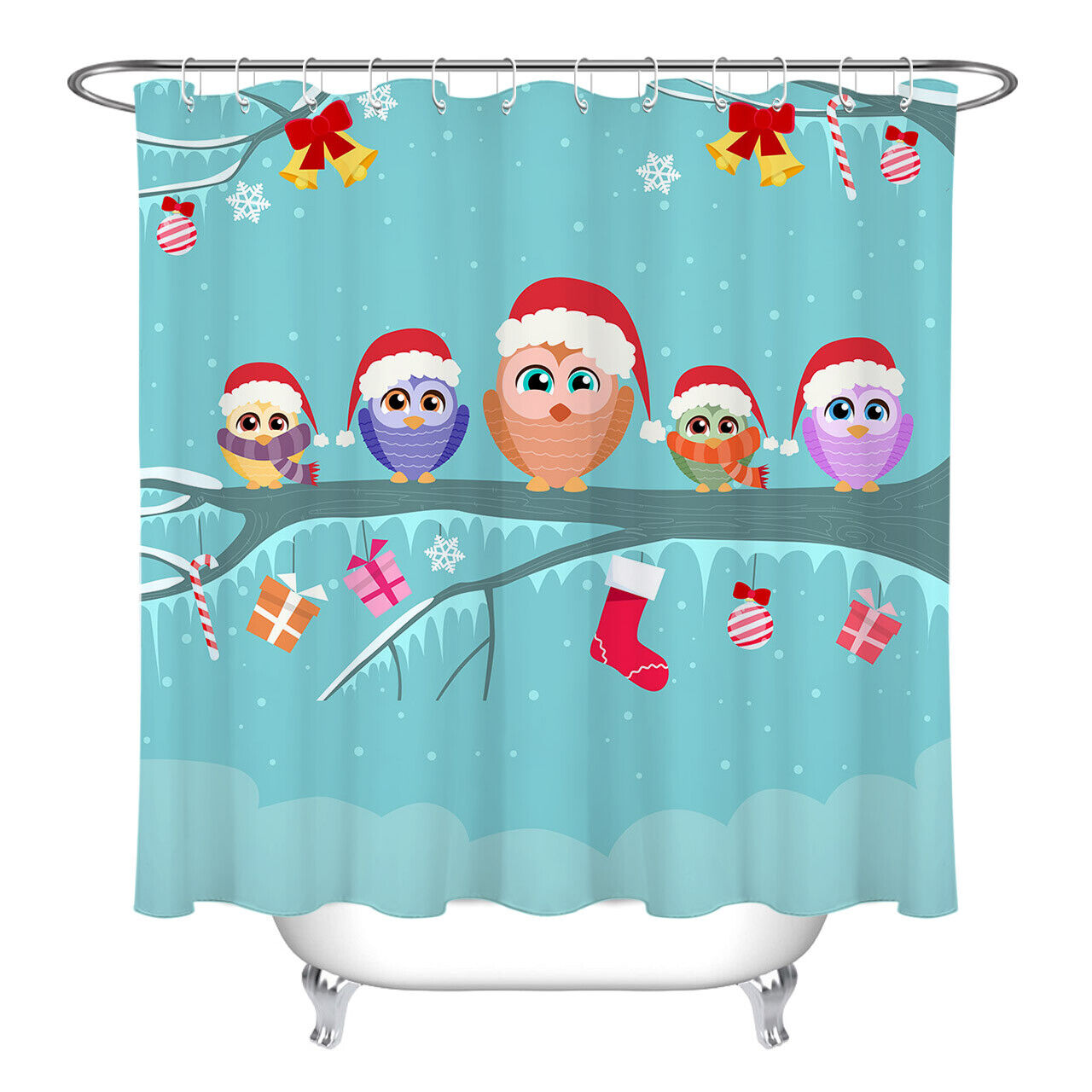 Christmas Owls, Socks, And Gift Boxes On A Tree Print Shower Curtain For Festive Bathroom Decor - Image 2
