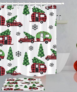 Christmas Plaid Shower Curtain - Country Style Red Truck And Camper Fabric Curtain For The Holidays
