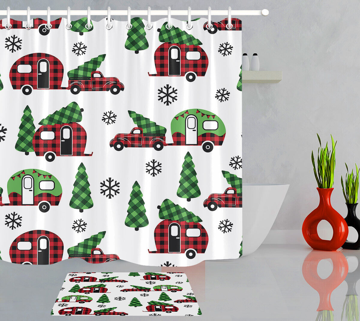 Christmas Plaid Shower Curtain - Country Style Red Truck And Camper Fabric Curtain For The Holidays