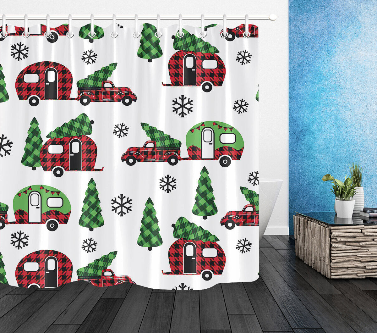 Christmas Plaid Shower Curtain - Country Style Red Truck And Camper Fabric Curtain For The Holidays - Image 2
