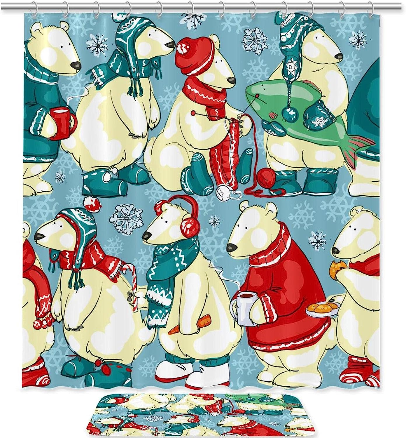 Christmas Polar Bears, Waterproof Shower Curtain For Holiday-Themed Bathroom Decor
