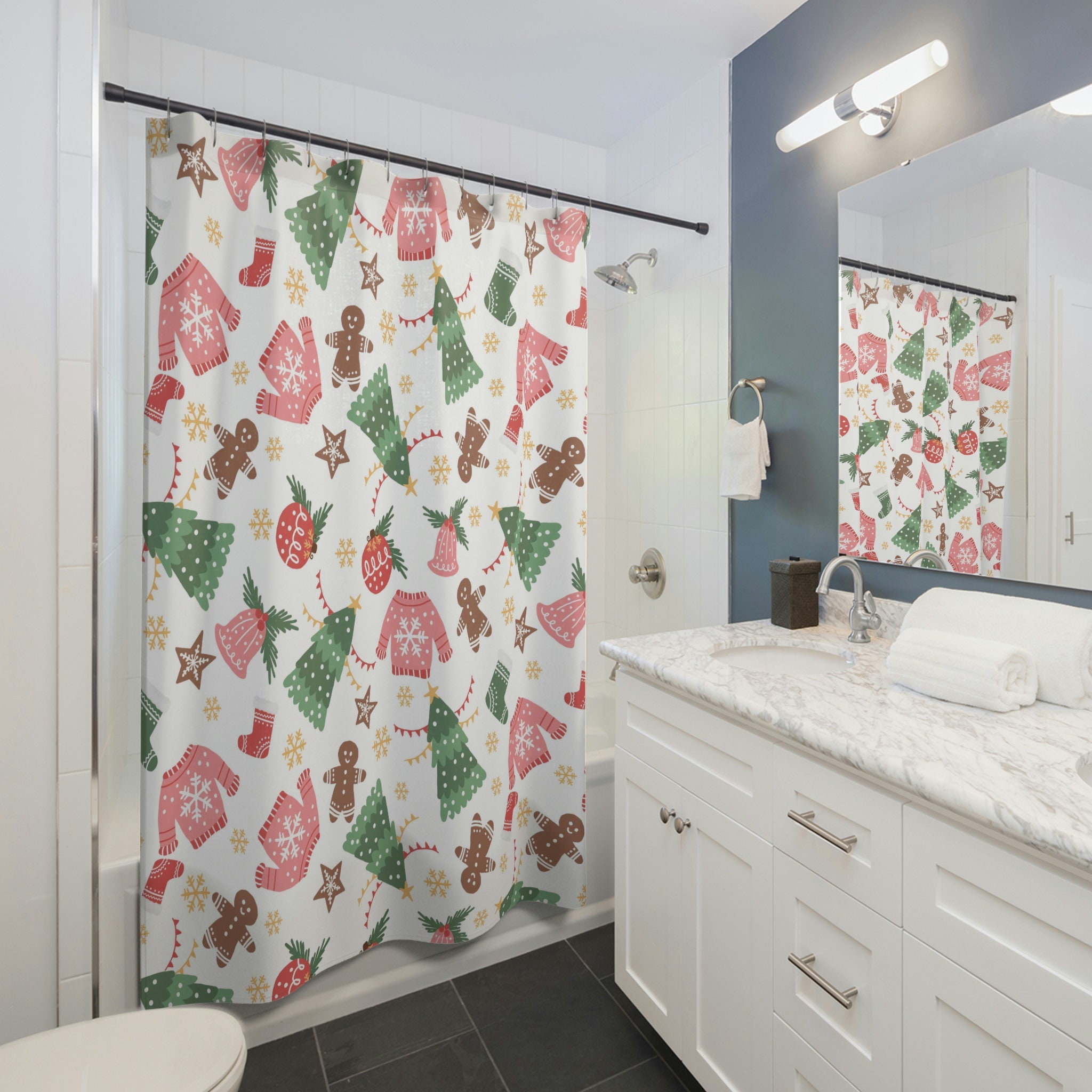 Christmas Print Shower Curtain - Festive Bathroom Decor