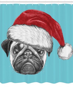 Christmas Pug Dog Santa Hat Shower Curtain, Whimsical Bathroom Decor