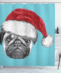 Christmas Pug Dog Santa Hat Shower Curtain, Whimsical Bathroom Decor