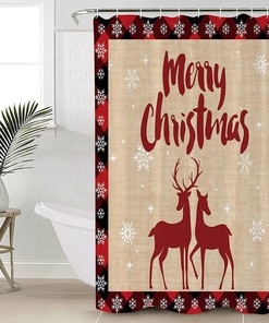 Christmas Red Elk Reindeer Snowflake Shower Curtain, Buffalo Plaid Bathroom Decor
