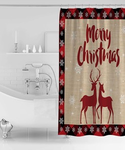Christmas Red Elk Reindeer Snowflake Shower Curtain, Buffalo Plaid Bathroom Decor