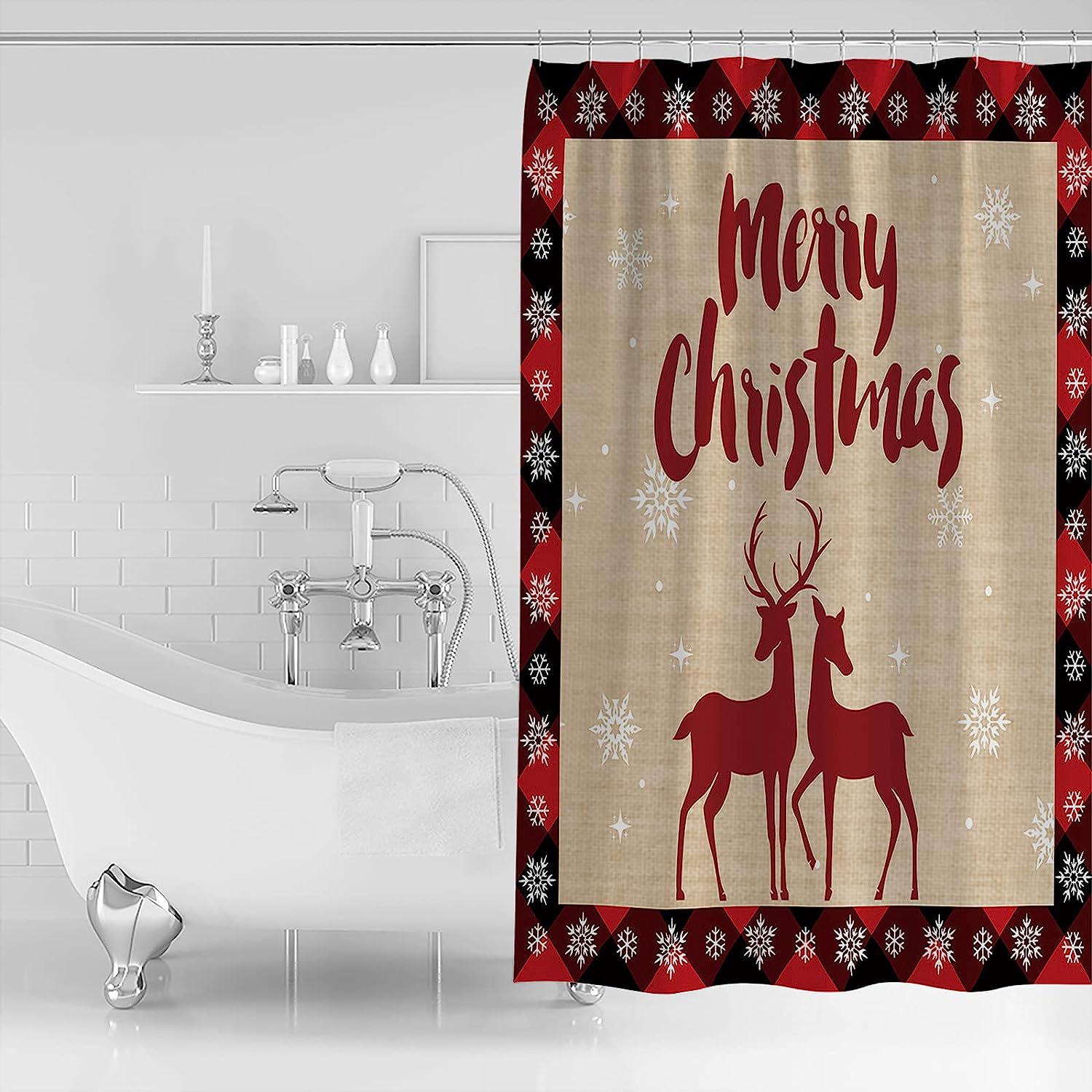 Christmas Red Elk Reindeer Snowflake Shower Curtain, Buffalo Plaid Bathroom Decor