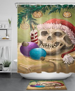 Christmas Santa Hat Halloween Skull Waterproof Fabric Shower Curtain Set with 12 Hooks