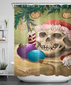 Christmas Santa Hat Halloween Skull Waterproof Fabric Shower Curtain Set with 12 Hooks