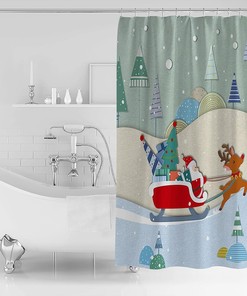 Christmas Santa Shower Curtain with Winter Snowflake and Xmas Tree Gifts Deer
