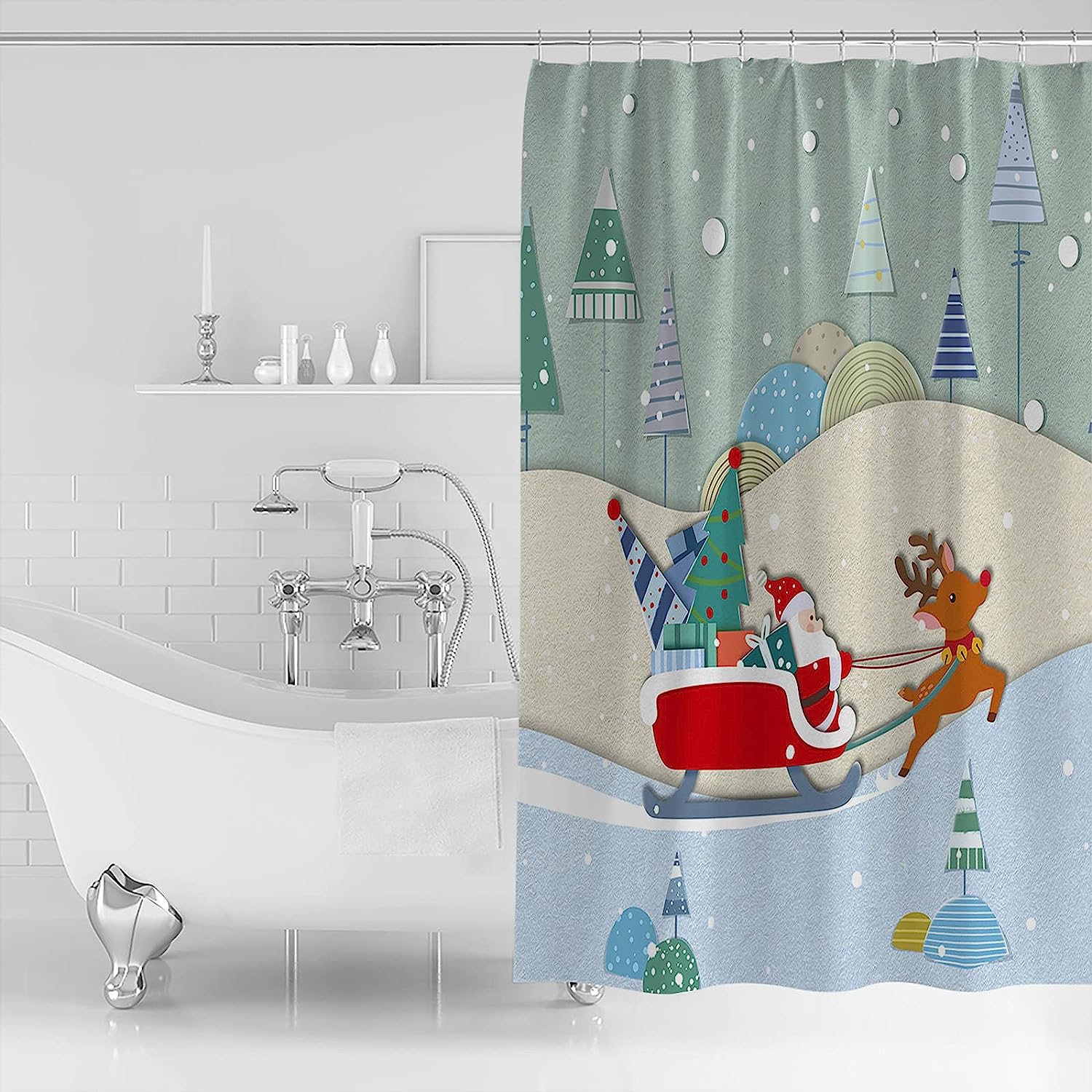 Christmas Santa Shower Curtain with Winter Snowflake and Xmas Tree Gifts Deer
