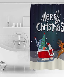 Christmas Santa Shower Curtain with Xmas Tree Winter Snowflake and Deer Design