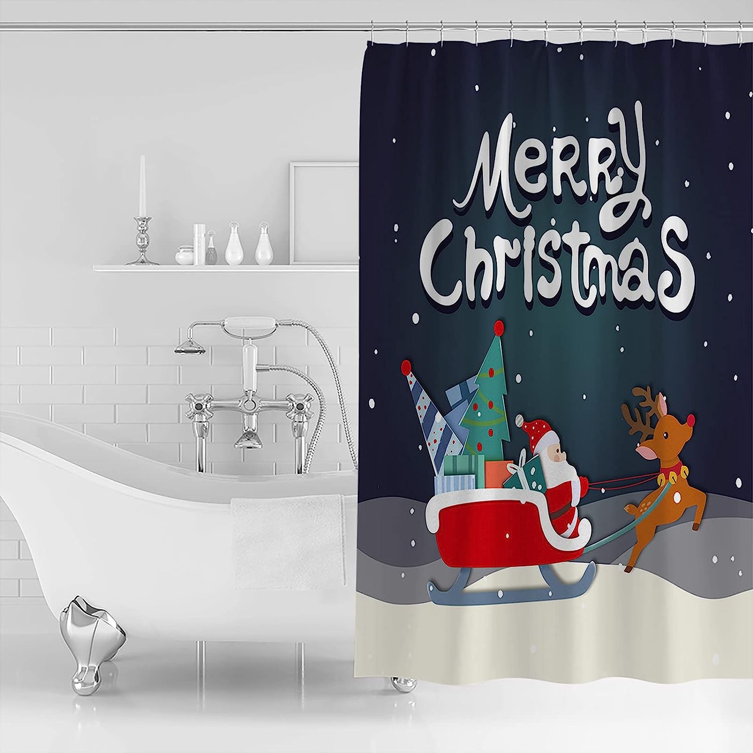 Christmas Santa Shower Curtain with Xmas Tree Winter Snowflake and Deer Design
