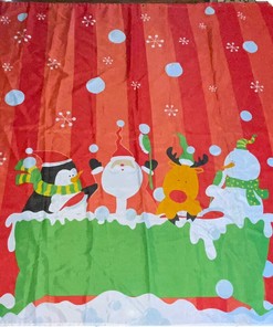 Christmas Shower Curtain Featuring Santa, Snowman, Penguin, And Reindeer In A Tub