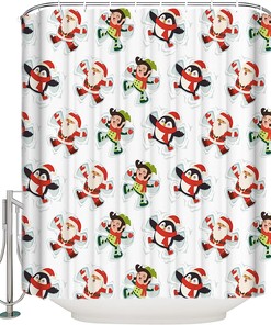 Christmas Shower Curtain Santa Claus Elf Penguin Playing Tiled Style Bathroom Decor 