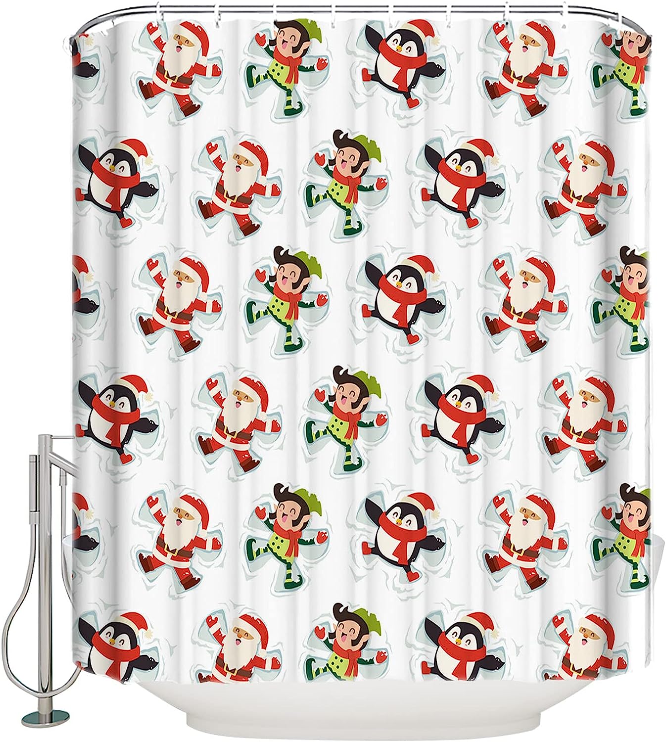 Christmas Shower Curtain Santa Claus Elf Penguin Playing Tiled Style Bathroom Decor