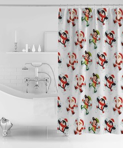 Christmas Shower Curtain Santa Claus Elf Penguin Playing Tiled Style Bathroom Decor