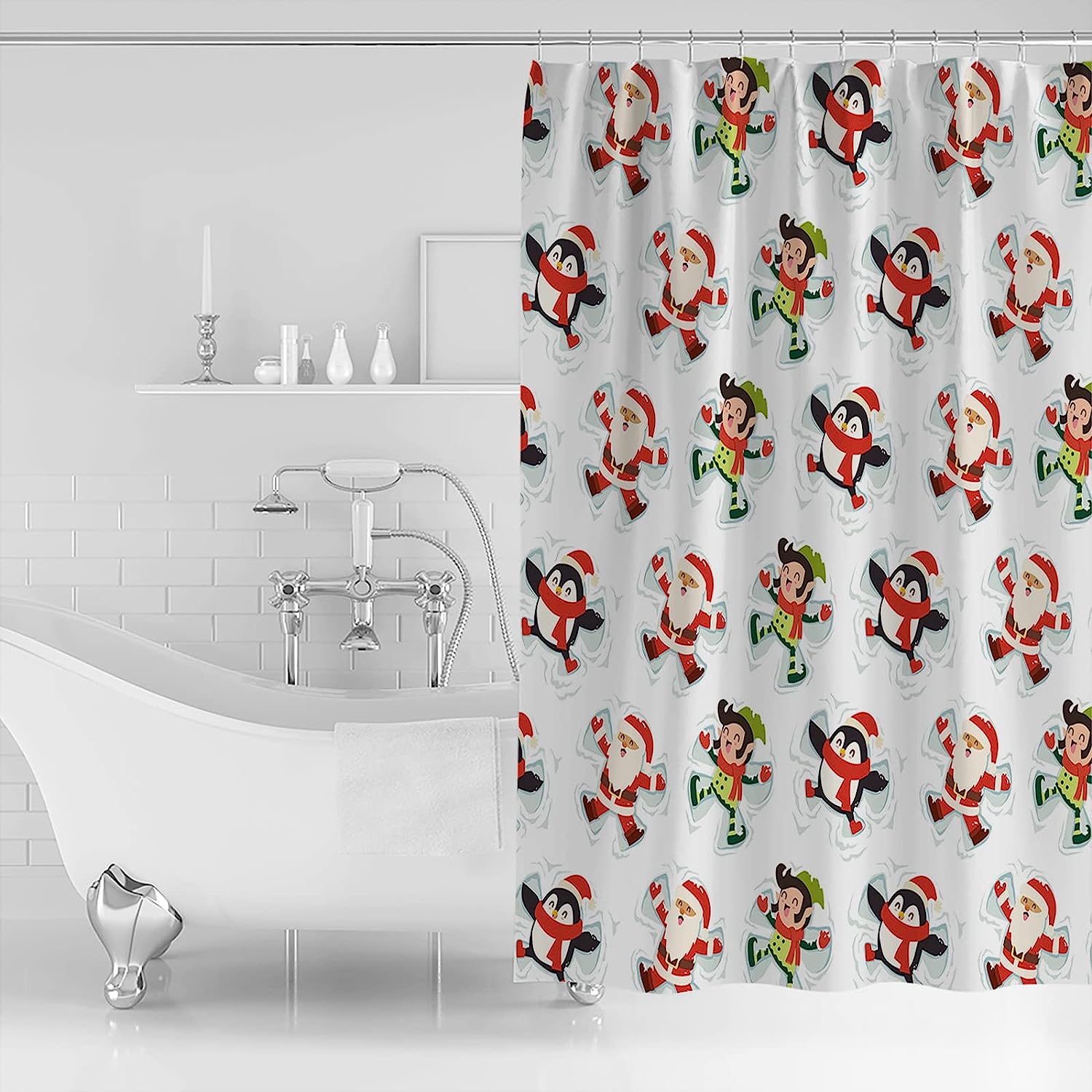 Christmas Shower Curtain Santa Claus Elf Penguin Playing Tiled Style Bathroom Decor