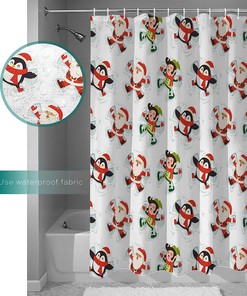 Christmas Shower Curtain Santa Claus Elf Penguin Playing Tiled Style Bathroom Decor