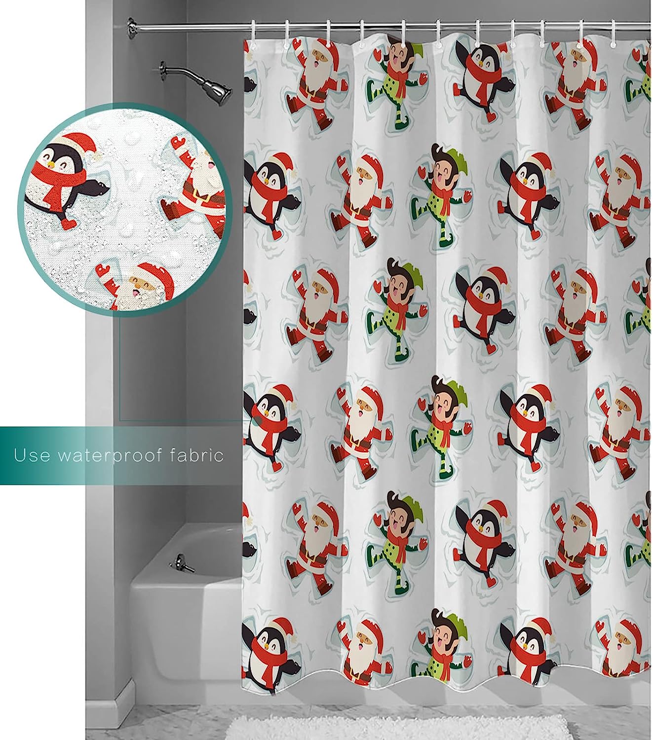 Christmas Shower Curtain Santa Claus Elf Penguin Playing Tiled Style Bathroom Decor