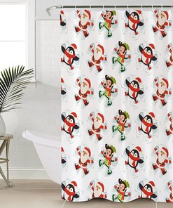 Christmas Shower Curtain Santa Claus Elf Penguin Playing Tiled Style Bathroom Decor