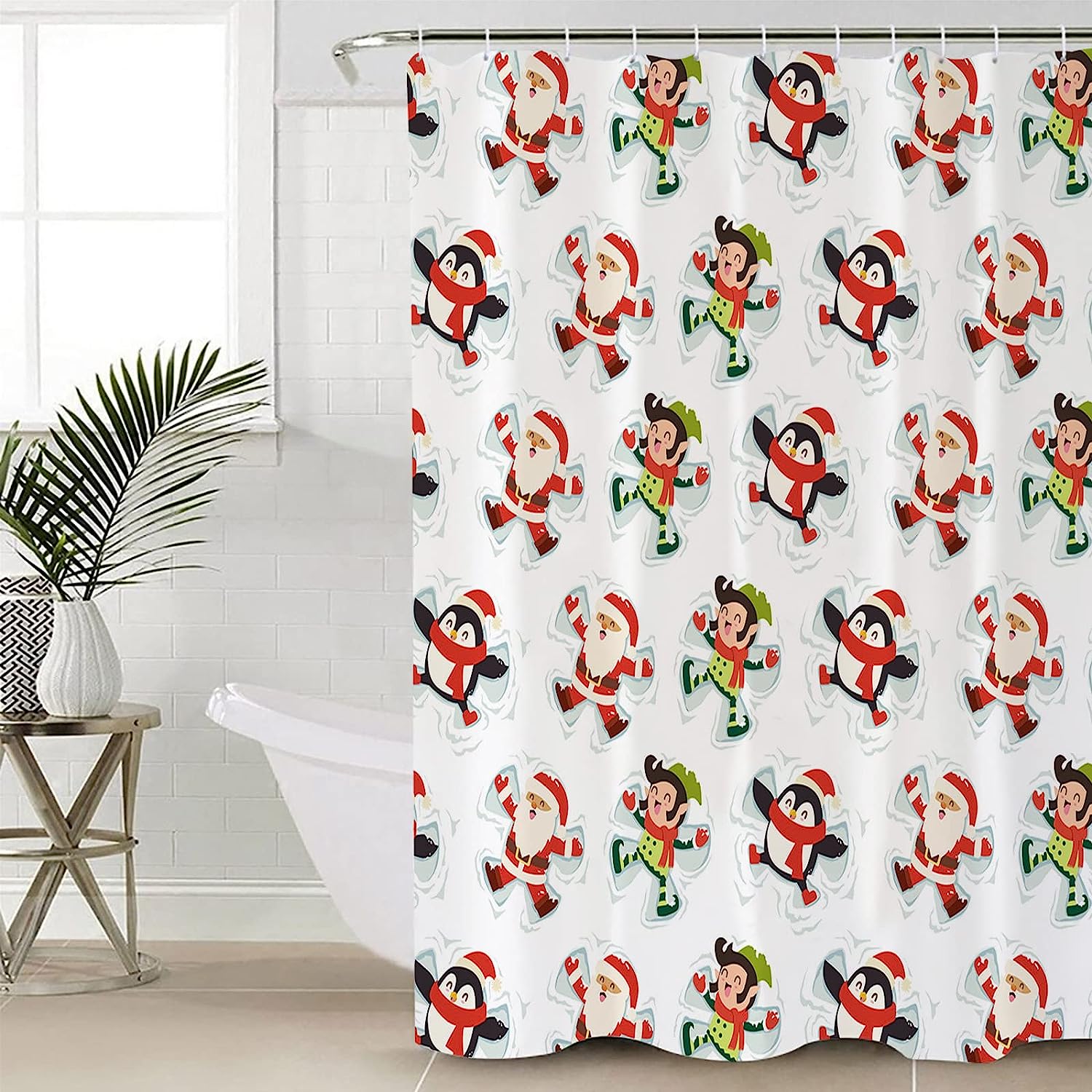Christmas Shower Curtain Santa Claus Elf Penguin Playing Tiled Style Bathroom Decor