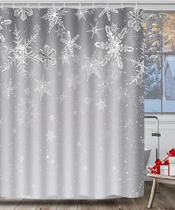 Christmas Shower Curtain Snowflake Gray Xmas Holiday Bathroom Waterproof Fabric