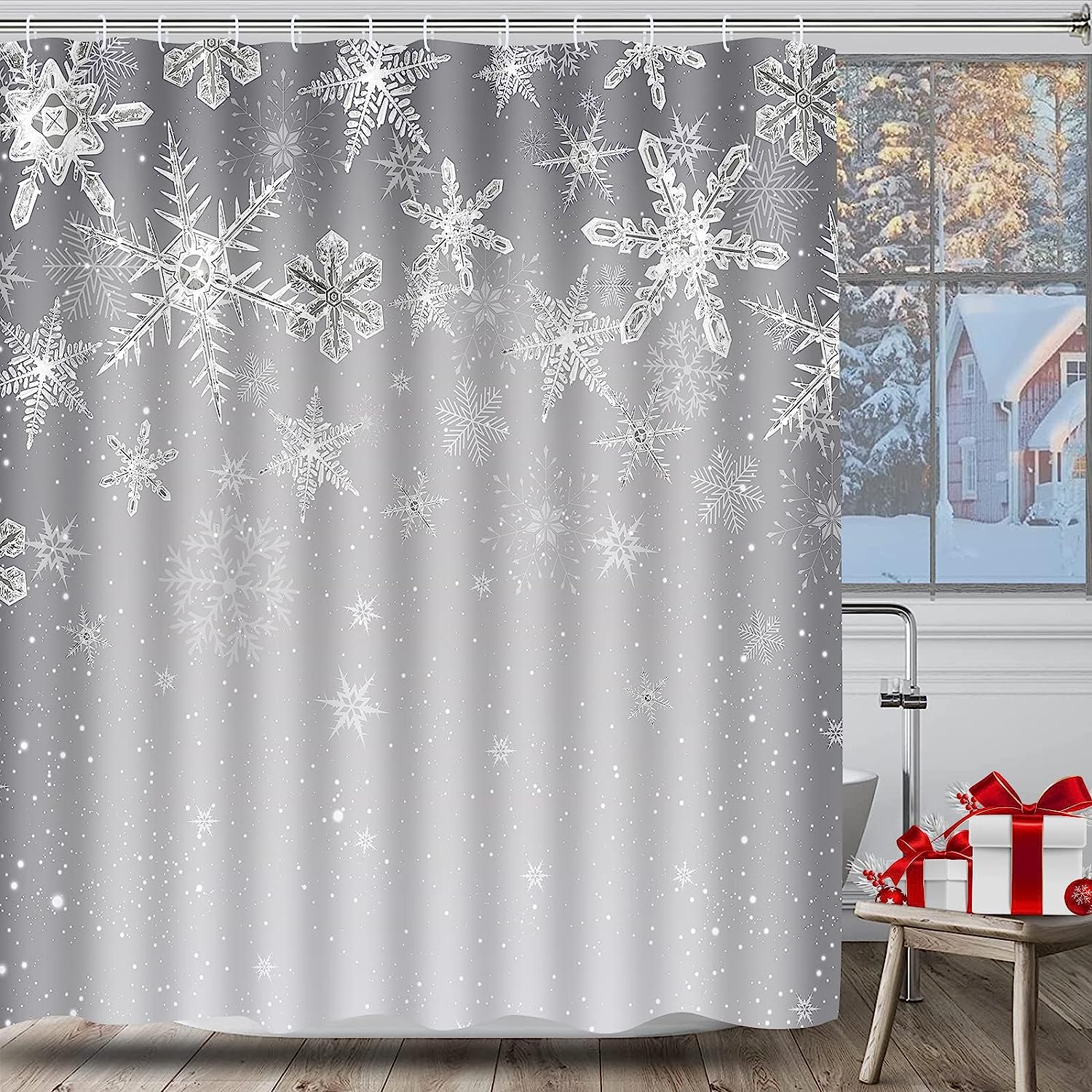 Christmas Shower Curtain Snowflake Gray Xmas Holiday Bathroom Waterproof Fabric
