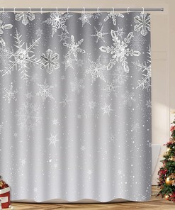Christmas Shower Curtain Snowflake Gray Xmas Holiday Bathroom Waterproof Fabric