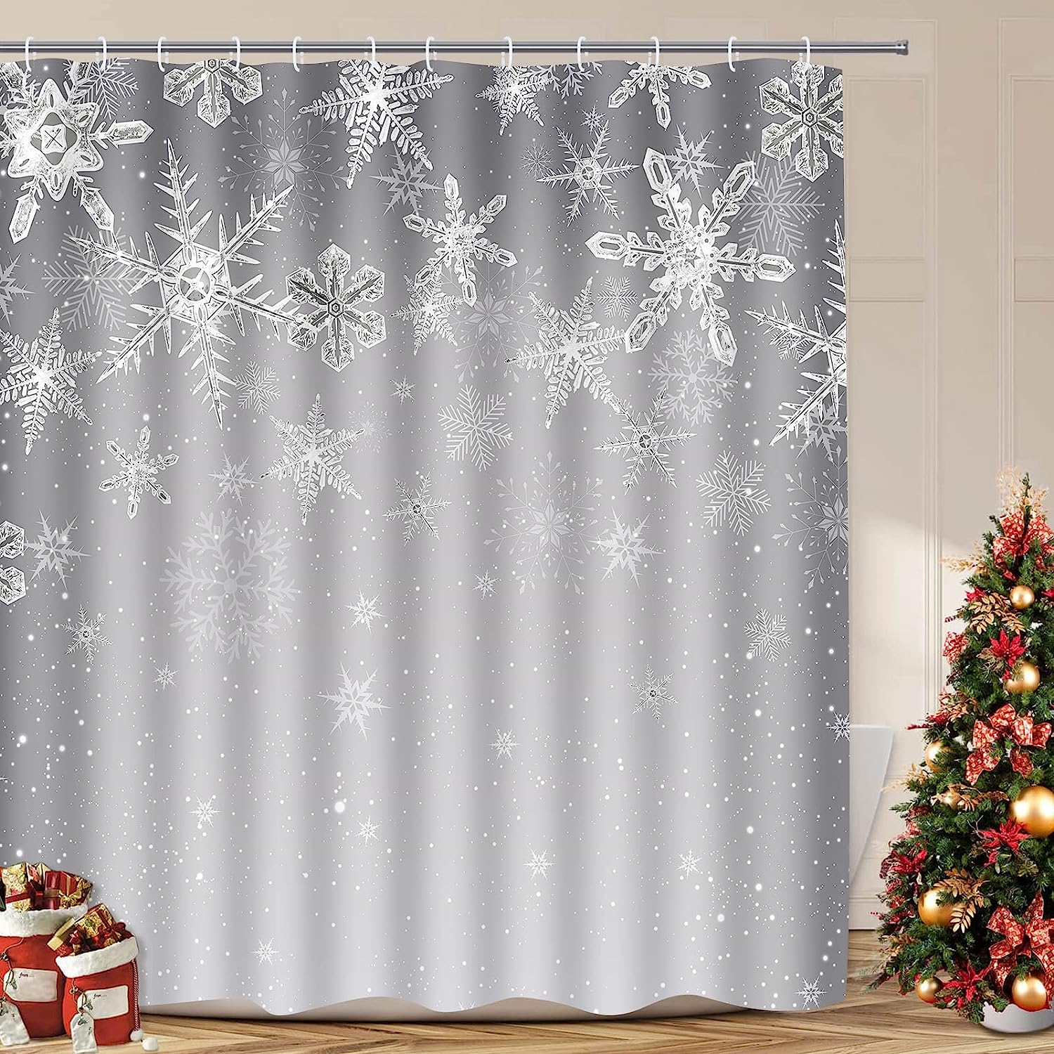 Christmas Shower Curtain Snowflake Gray Xmas Holiday Bathroom Waterproof Fabric