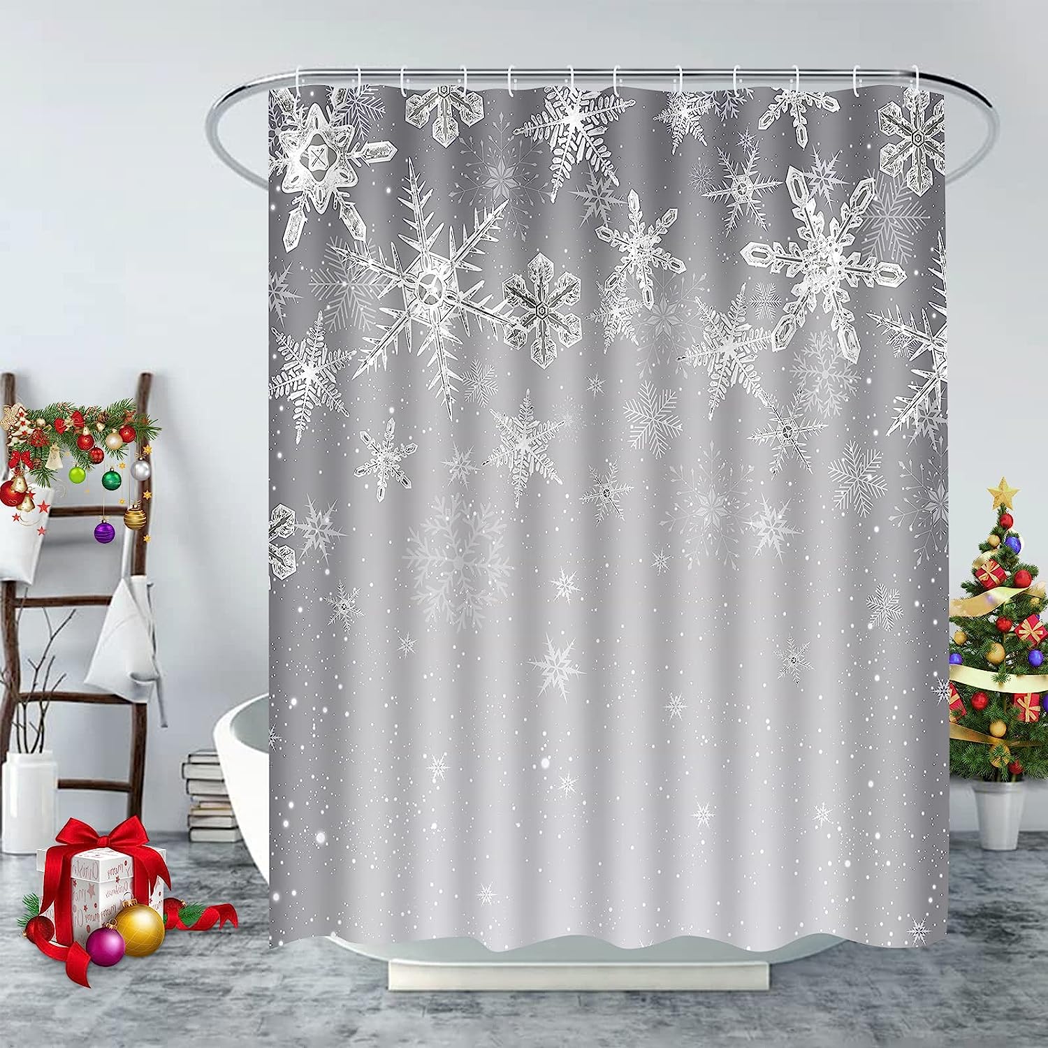 Christmas Shower Curtain Snowflake Gray Xmas Holiday Bathroom Waterproof Fabric
