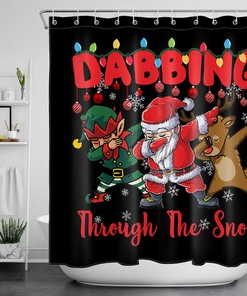 Christmas Shower Curtain with Cartoon Santa Claus Elk Waterproof Fabric for a Festive Touch