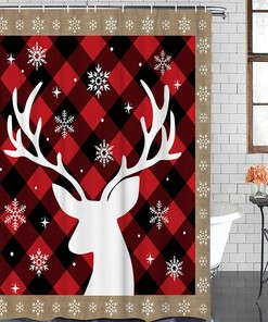 Christmas Shower Curtain with Moose Winter Snowflake Buffalo Plaid Pattern for Festive Bathroom Decor
