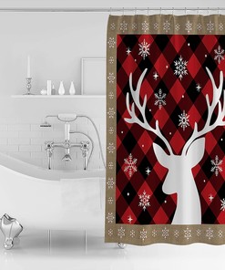 Christmas Shower Curtain with Moose Winter Snowflake Buffalo Plaid Pattern for Festive Bathroom Decor