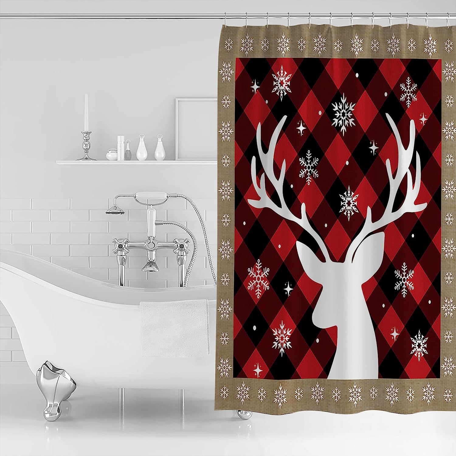 Christmas Shower Curtain with Moose Winter Snowflake Buffalo Plaid Pattern for Festive Bathroom Decor