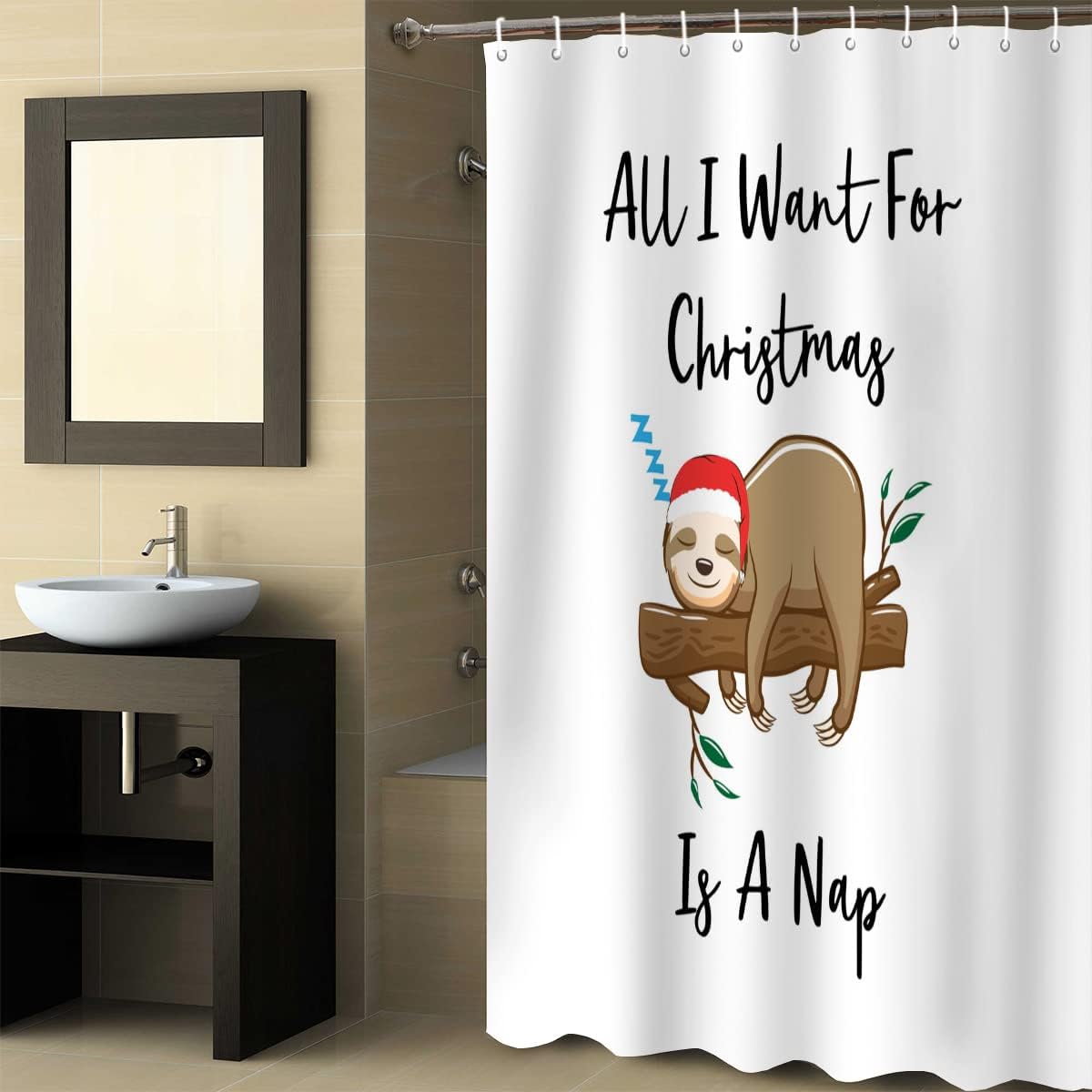 Christmas Sloth Shower Curtain for Bathroom Decor