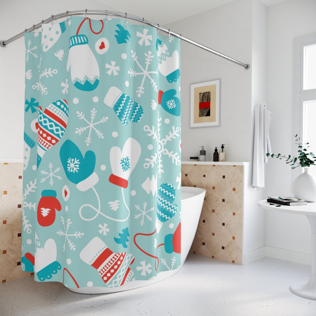 Christmas Snowflake Green Pine Tree Shower Curtain