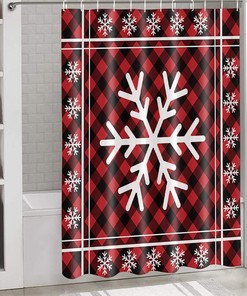 Christmas Snowflake Red Black Buffalo Lattice Privacy Bath Shower Curtain