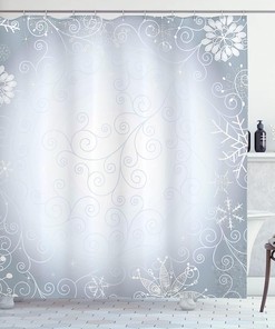 Christmas Snowflake Shower Curtain, Gentle Frame Lace Inspired Motif Print, Cloth Bathroom Decor