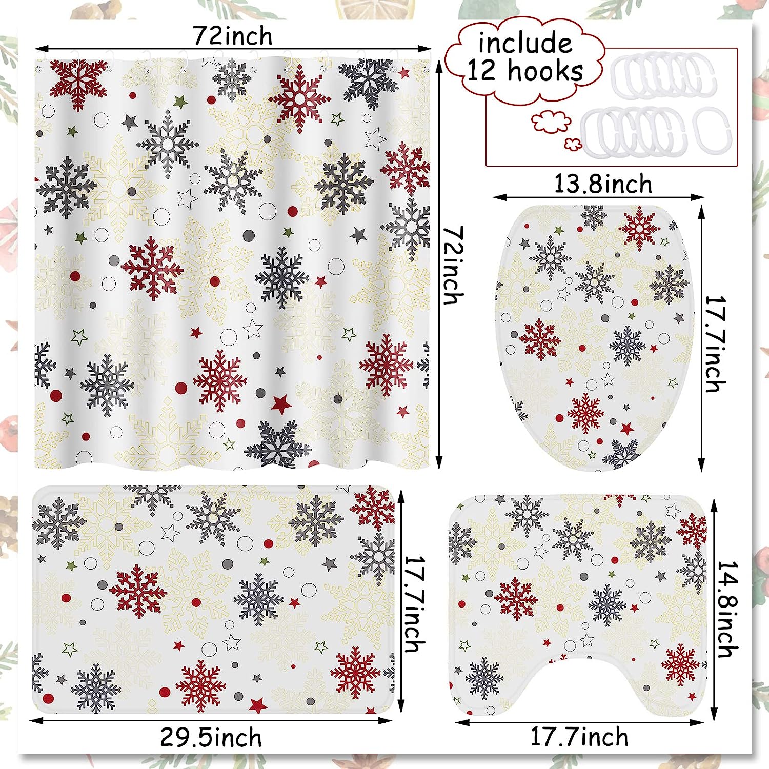 Christmas Snowflakes Shower Curtain, Festive Xmas Holiday Bathroom Decor