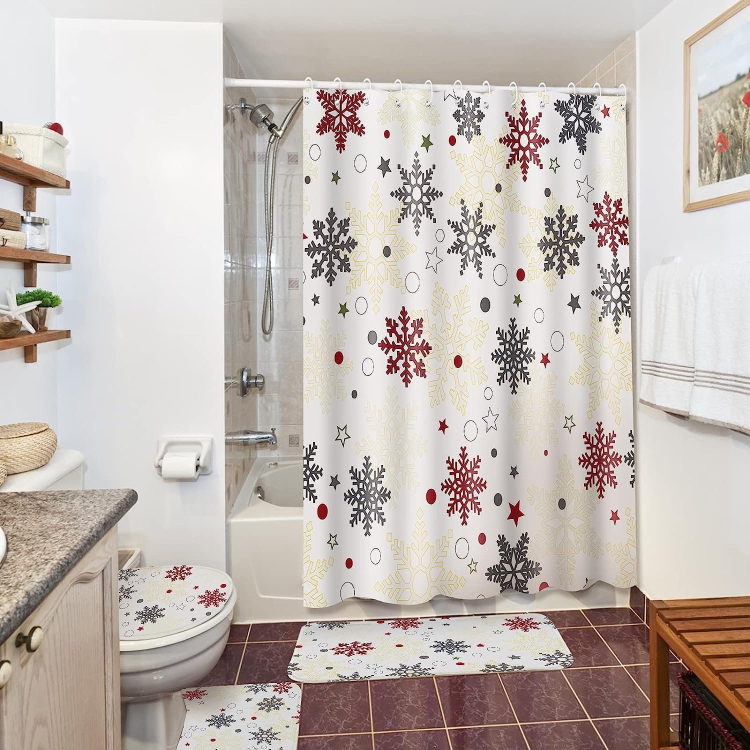 Christmas Snowflakes Shower Curtain, Festive Xmas Holiday Bathroom Decor