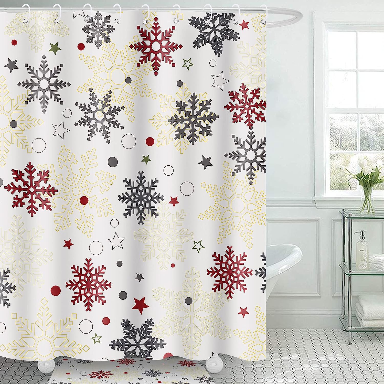 Christmas Snowflakes Shower Curtain, Festive Xmas Holiday Bathroom Decor