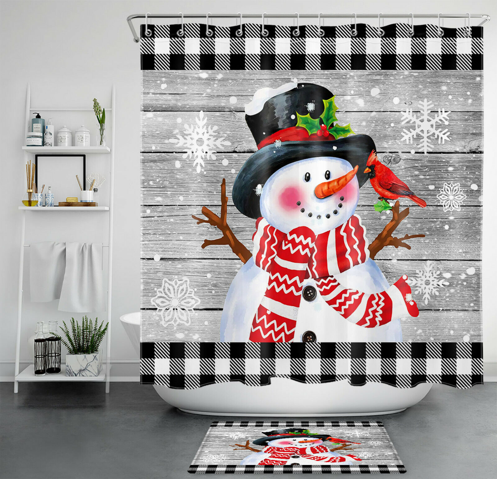 Christmas Snowman And Hat Snowflake Shower Curtain - Decorative Bathroom Accessory