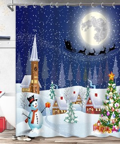 Christmas Snowman Blue Cartoon Shower Curtain Fabric for Bathroom