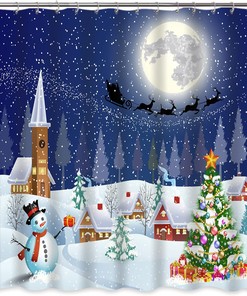 Christmas Snowman Blue Cartoon Shower Curtain Fabric for Bathroom