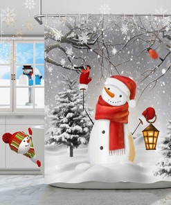Christmas Snowman Cardinals Birds Shower Curtain For Bathtub Home Decor 