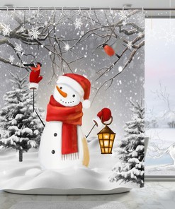 Christmas Snowman Cardinals Birds Shower Curtain For Bathtub Home Decor