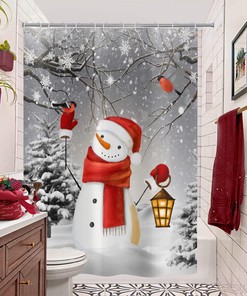 Christmas Snowman Cardinals Birds Shower Curtain For Bathtub Home Decor 