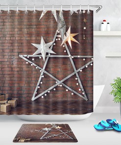 Christmas Stars Shower Curtain Rustic Brick Wall Bathroom Decorations